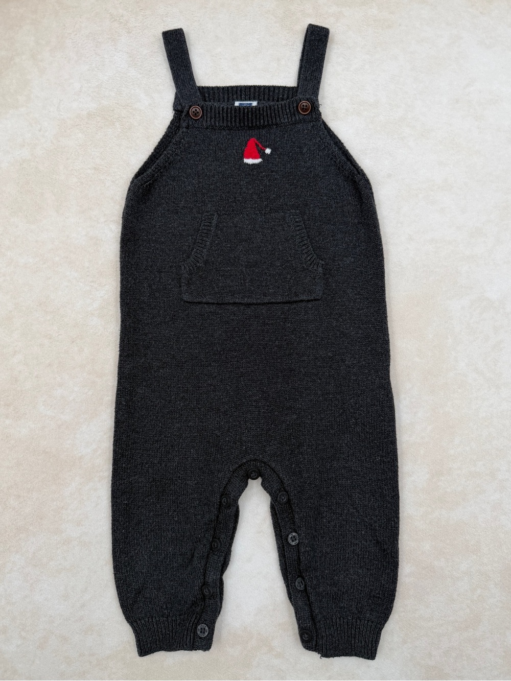 Janie and Jack Charcoal Knit Overalls with Red Santa Hat Accent